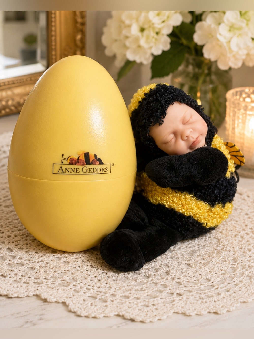 Vintage Anne Geddes Bumble Bee Baby Doll in Egg RARE Collectible Plush Figure